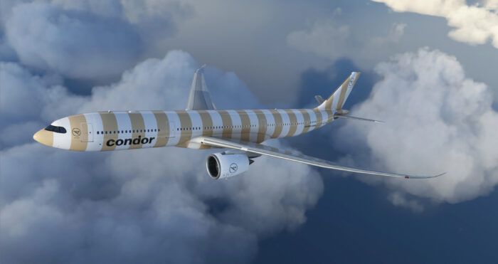 Headwind Simulations A339X Airbus A330-900neo in Condor livery flying above clouds in Microsoft Flight Simulator