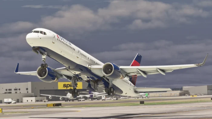 BlueBird Simulations Boeing 757 in Delta livery taking off in Microsoft Flight Simulator