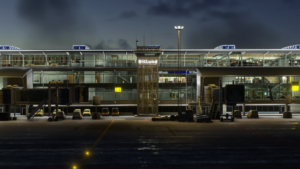 Taimodels airport terminal at night