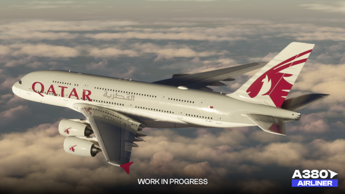 iniBuilds A380 in Qatar Airways colours flying above the clouds in MSFS 2024, shown in a development preview