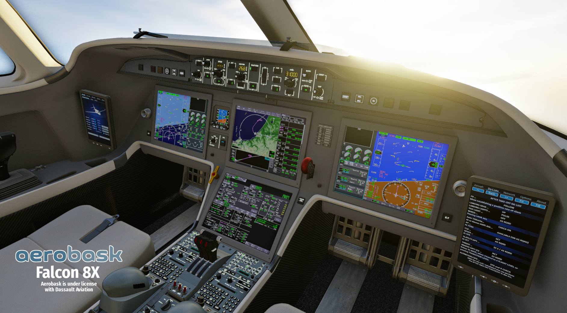Aerobask Falcon 8X flight deck with EASy displays and a view through the cockpit windows