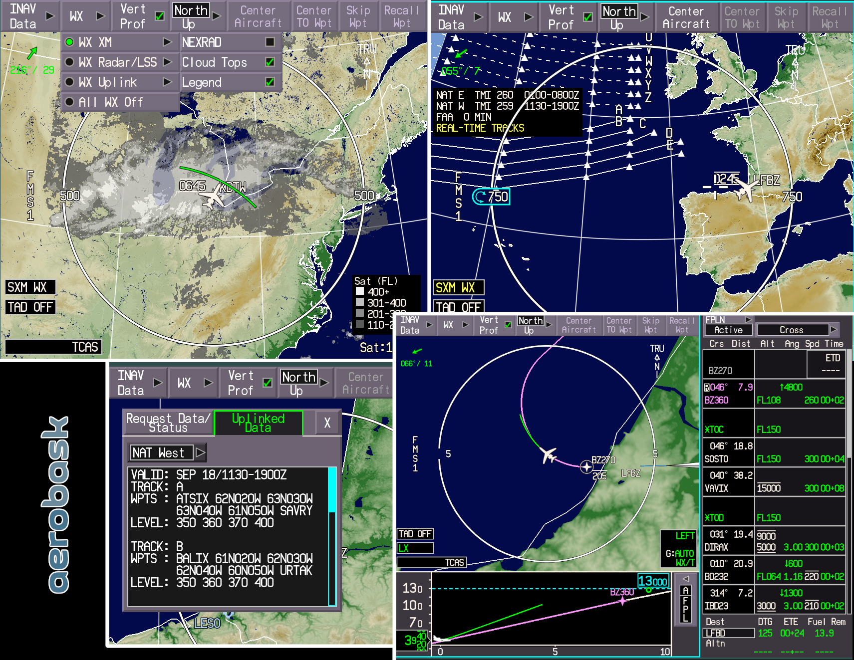 Aerobask Falcon 8X navigation displays showing weather layers, North Atlantic tracks and a vertical profile