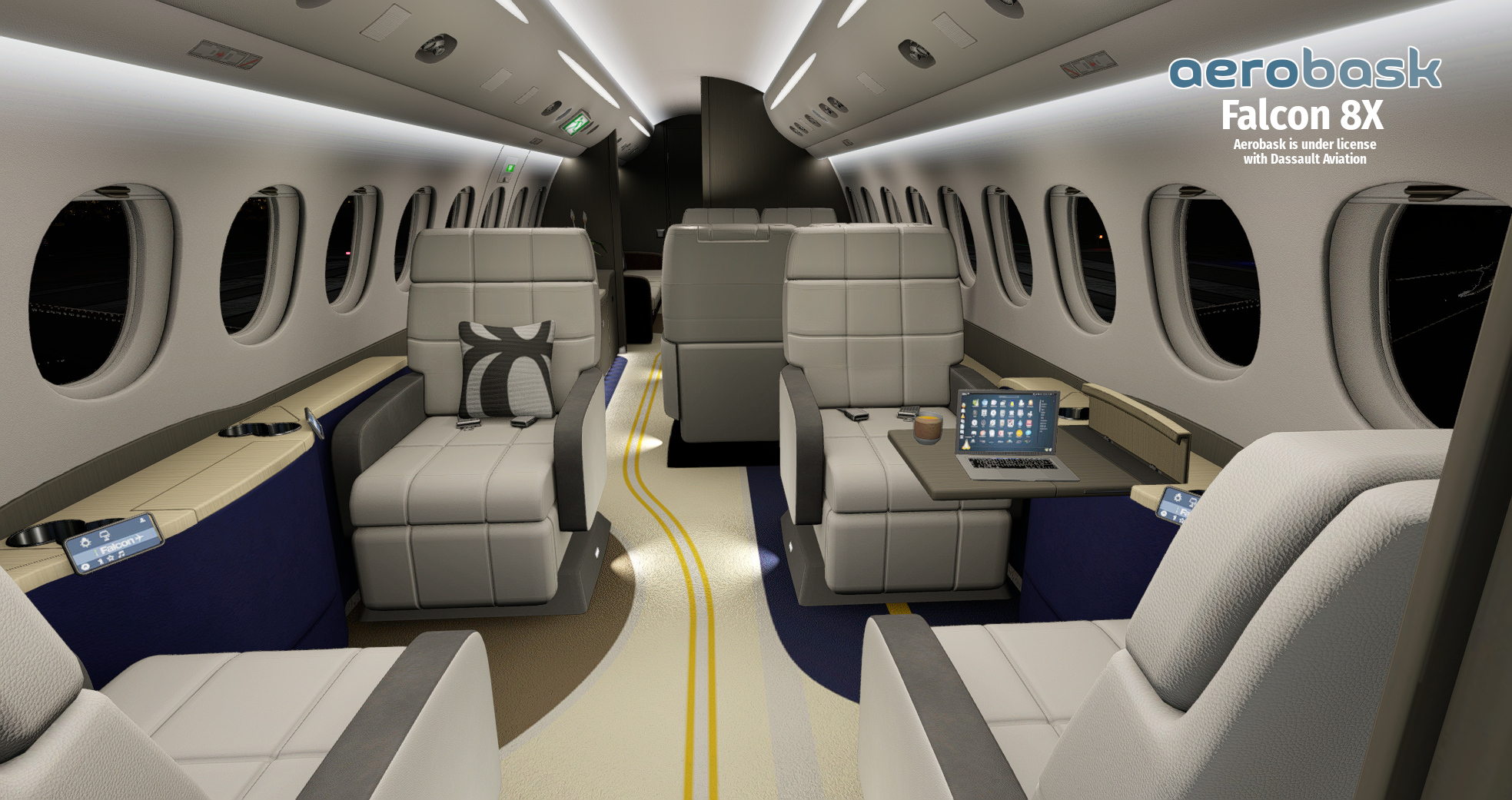 Falcon 8X passenger cabin with cream leather seats, a side table and a cabin control tablet