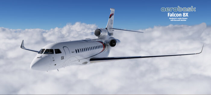 Aerobask Falcon 8X flying above clouds in Dassault house colours in X-Plane 12