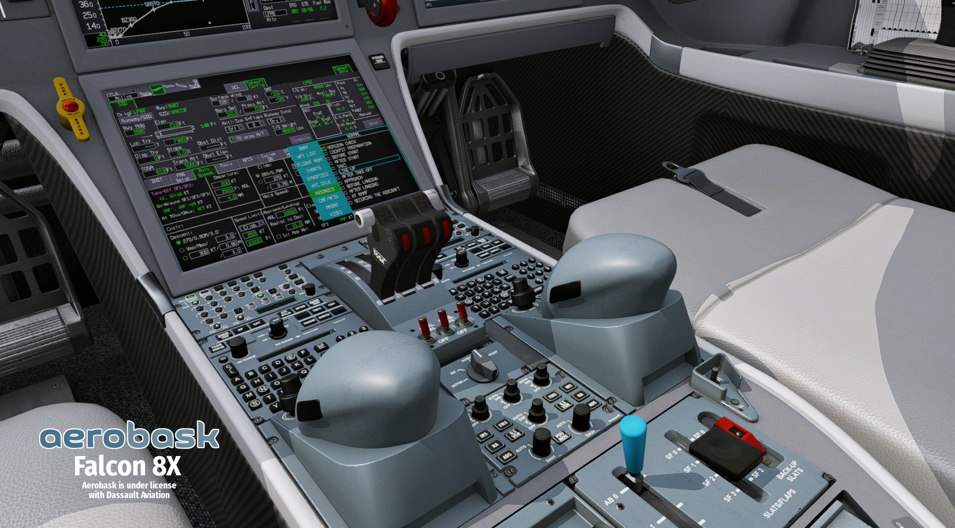 Centre pedestal of the Aerobask Falcon 8X with thrust levers, control panels and a lower cockpit display