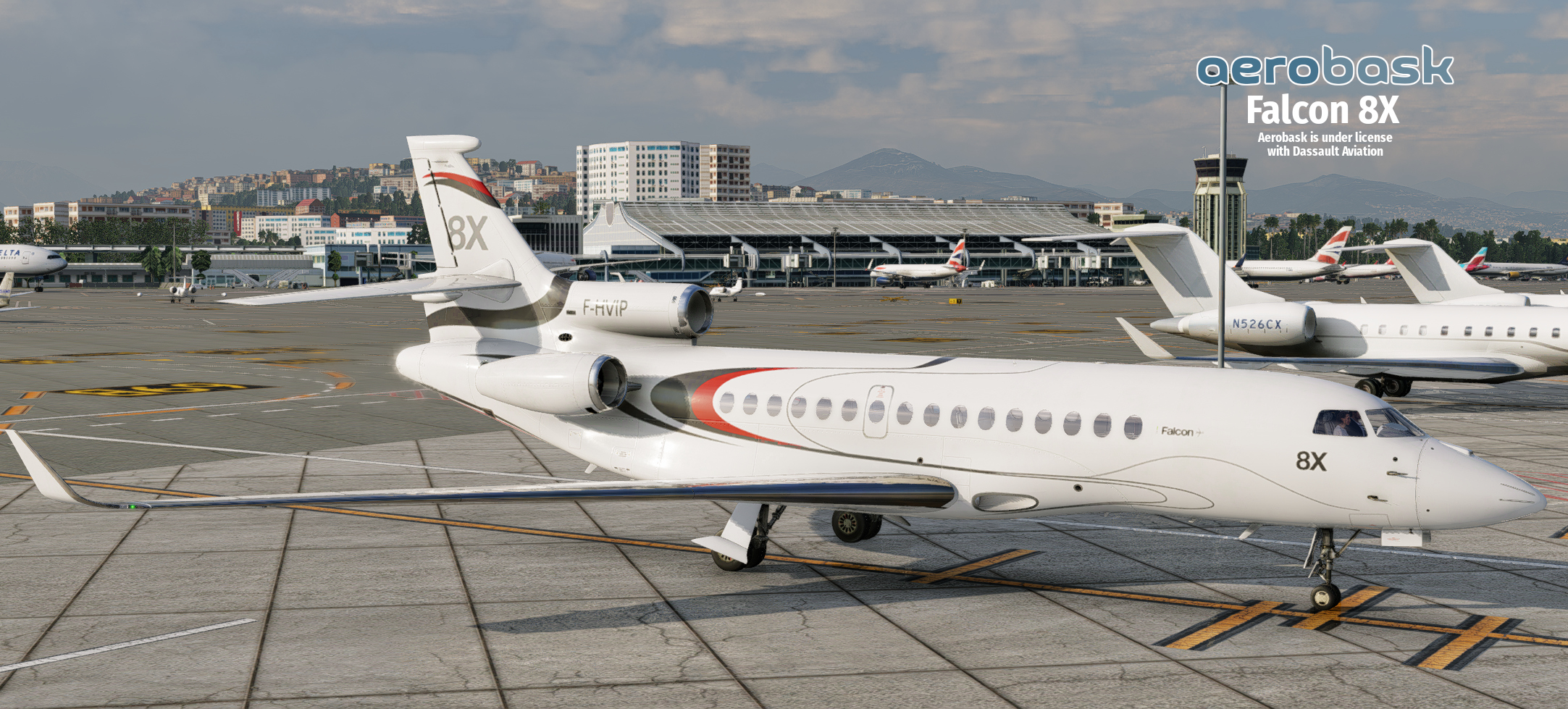 Side view of the Aerobask Falcon 8X parked on an airport apron alongside other business jets