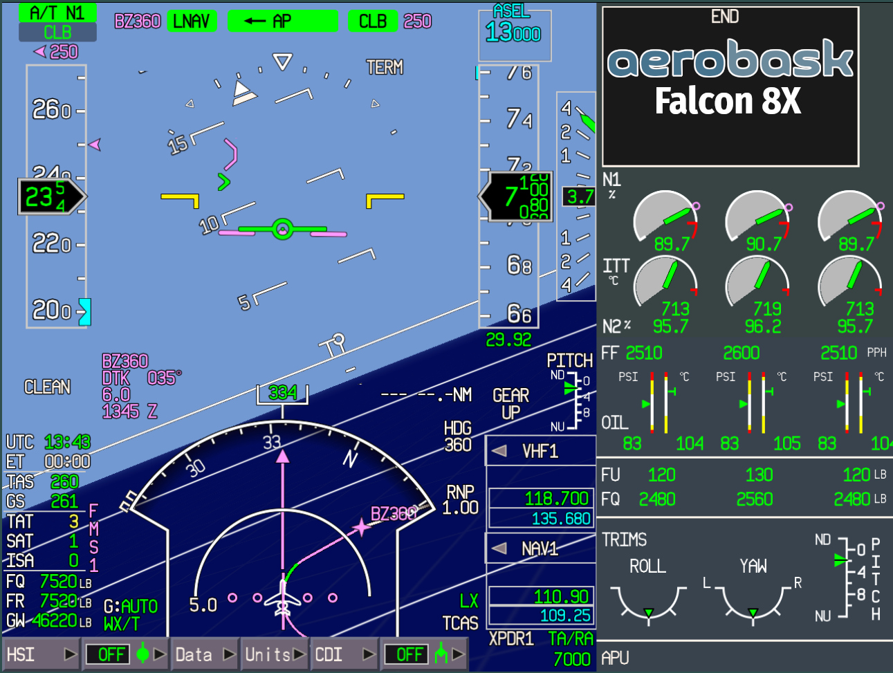 Falcon 8X EASy display showing flight instruments, navigation information and three-engine indications