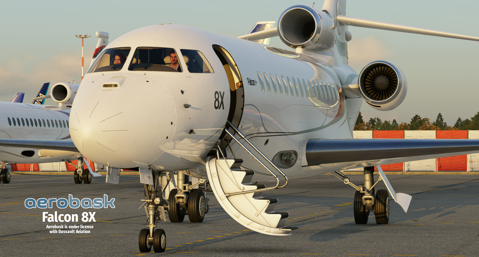 Front view of the Aerobask Falcon 8X parked with its passenger stairs extended