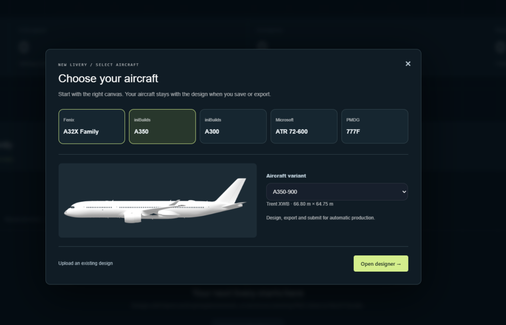 flyLAT livery studio aircraft selection