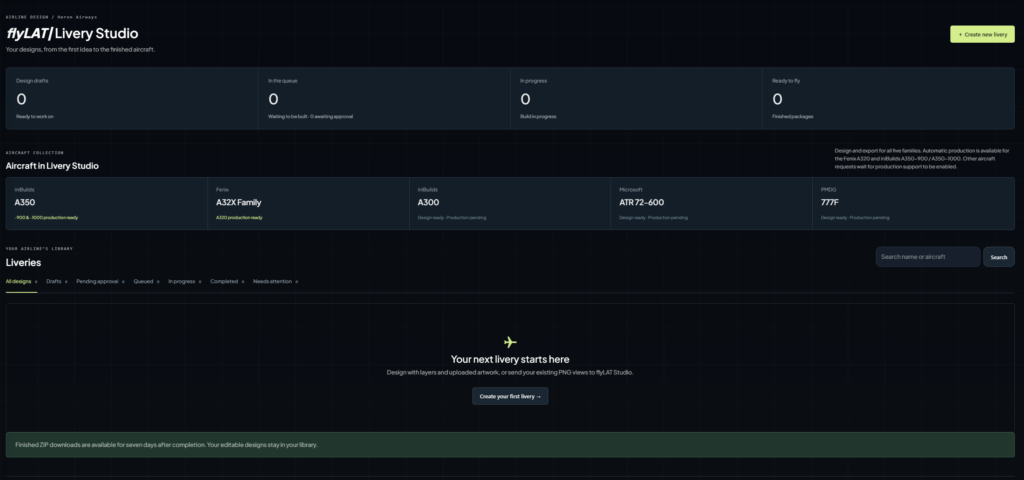flyLAT livery studio dashboard